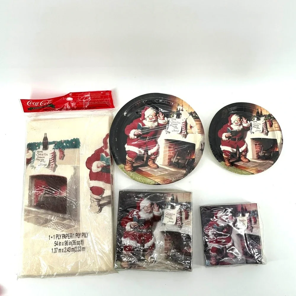 Vtg Coca-Cola Christmas Party Supply Set Santa Tablecover Plates Napkins 8pc New